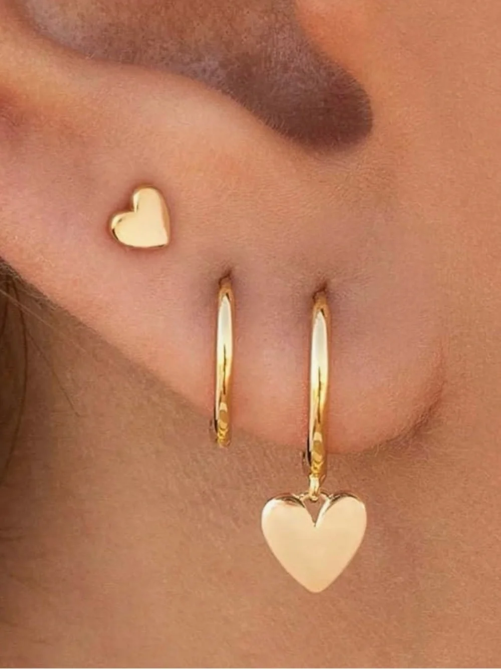 NEW 14K Gold Plated 3 Pairs Small Gold Heart Hoop Earrings